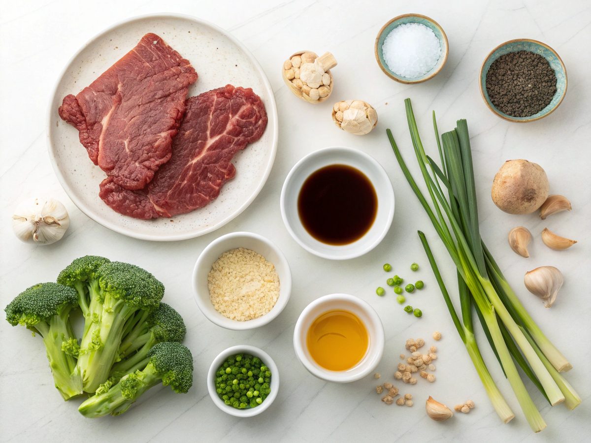 A selection of components for making a beef broccoli stir-fry.