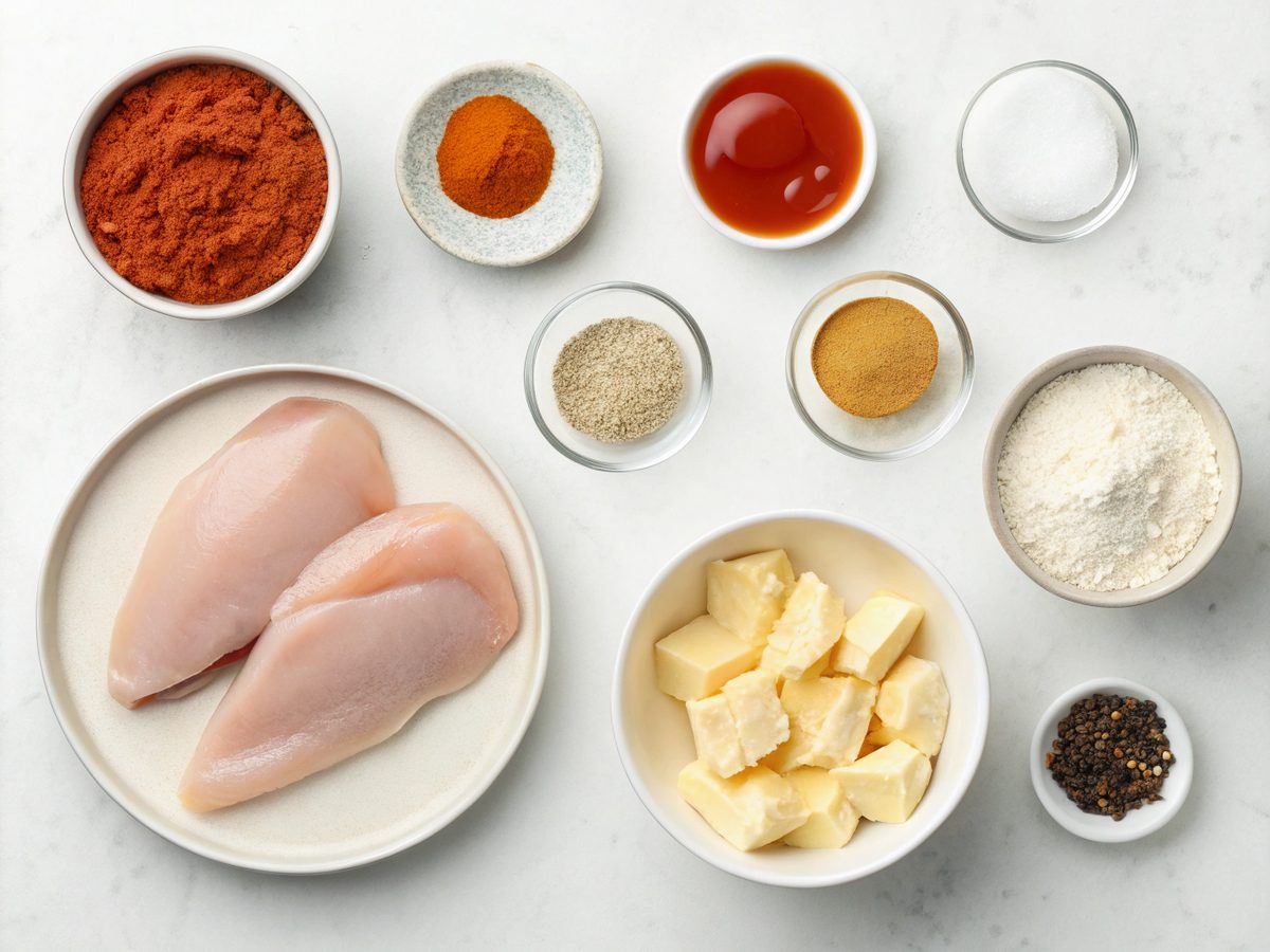 Flat lay of ingredients for air fryer buffalo chicken including chicken, buffalo sauce, and seasoning.