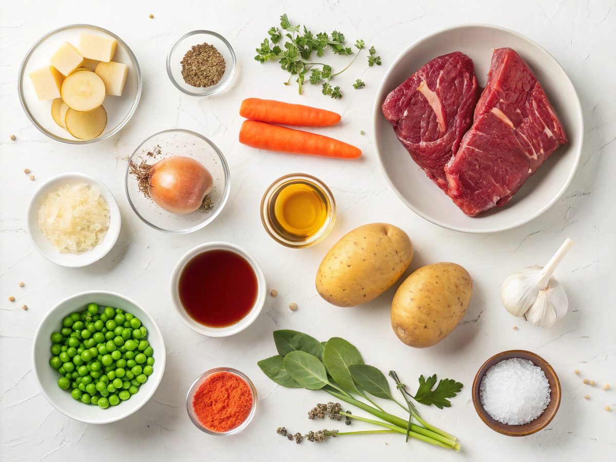 Flat lay of ingredients for a classic old fashioned beef stew recipe.