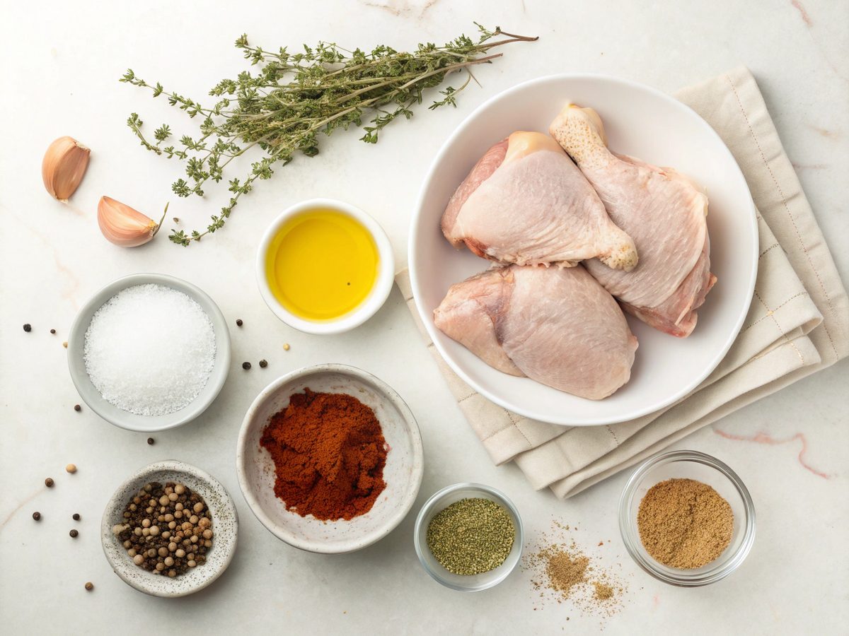Essential ingredients for baked chicken thigh recipes displayed on a clean kitchen counter.