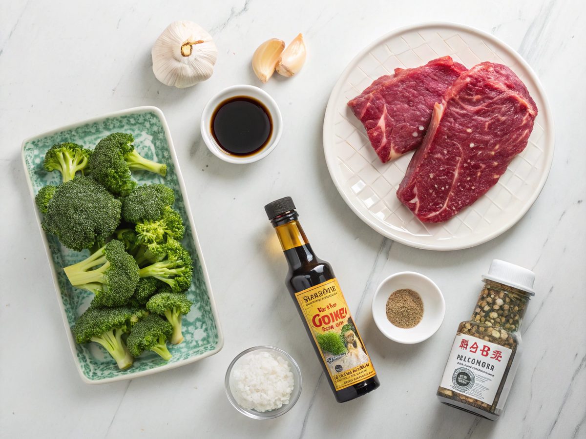 Flat lay of ingredients for making better than takeout beef broccoli