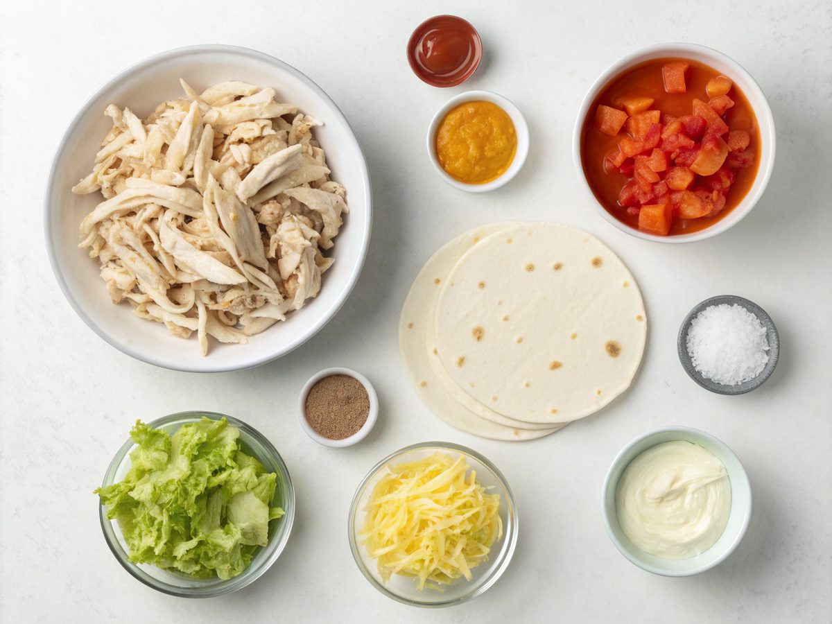A detailed view of fresh ingredients for making buffalo chicken wraps.