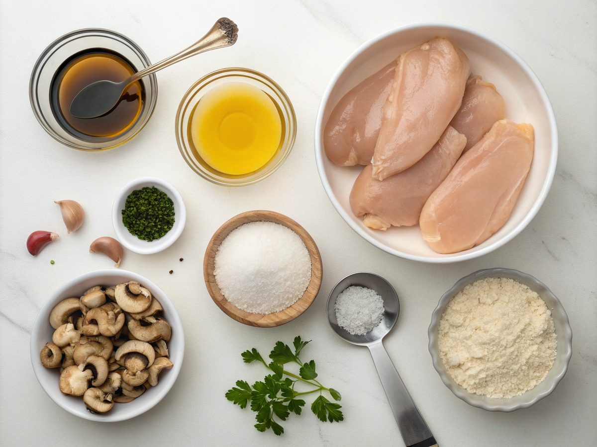 Flat lay of essential Chicken Marsala Recipe ingredients on a kitchen counter.