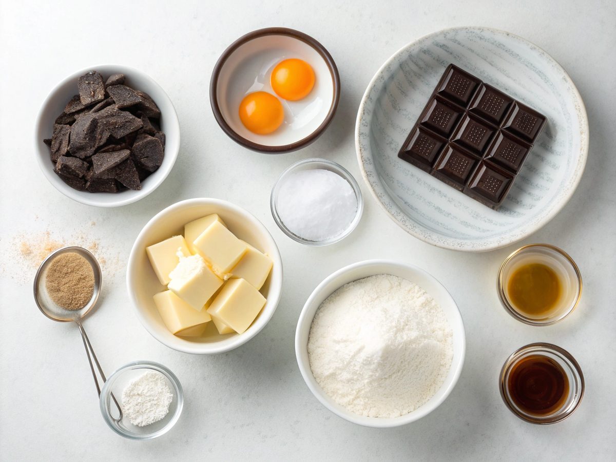An assortment of ingredients for making chocolate lava cake, featuring dark chocolate