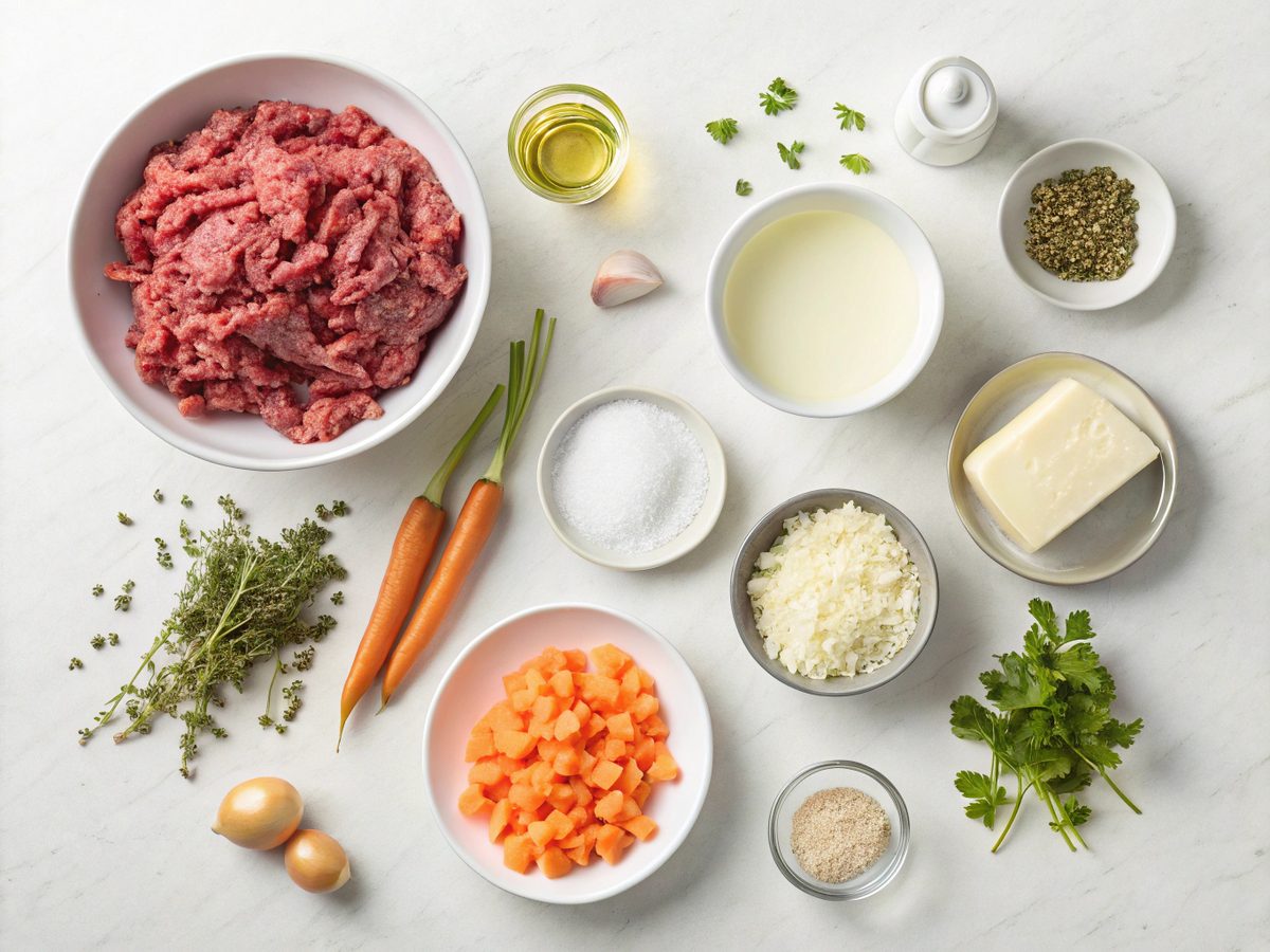 An organized display of ingredients needed for creamy ground beef chowder.