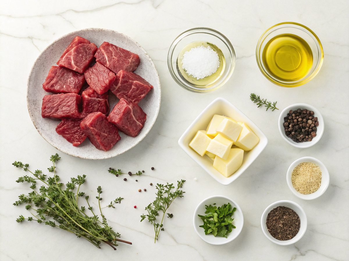 Visual of ingredients for preparing garlic butter steak bites.