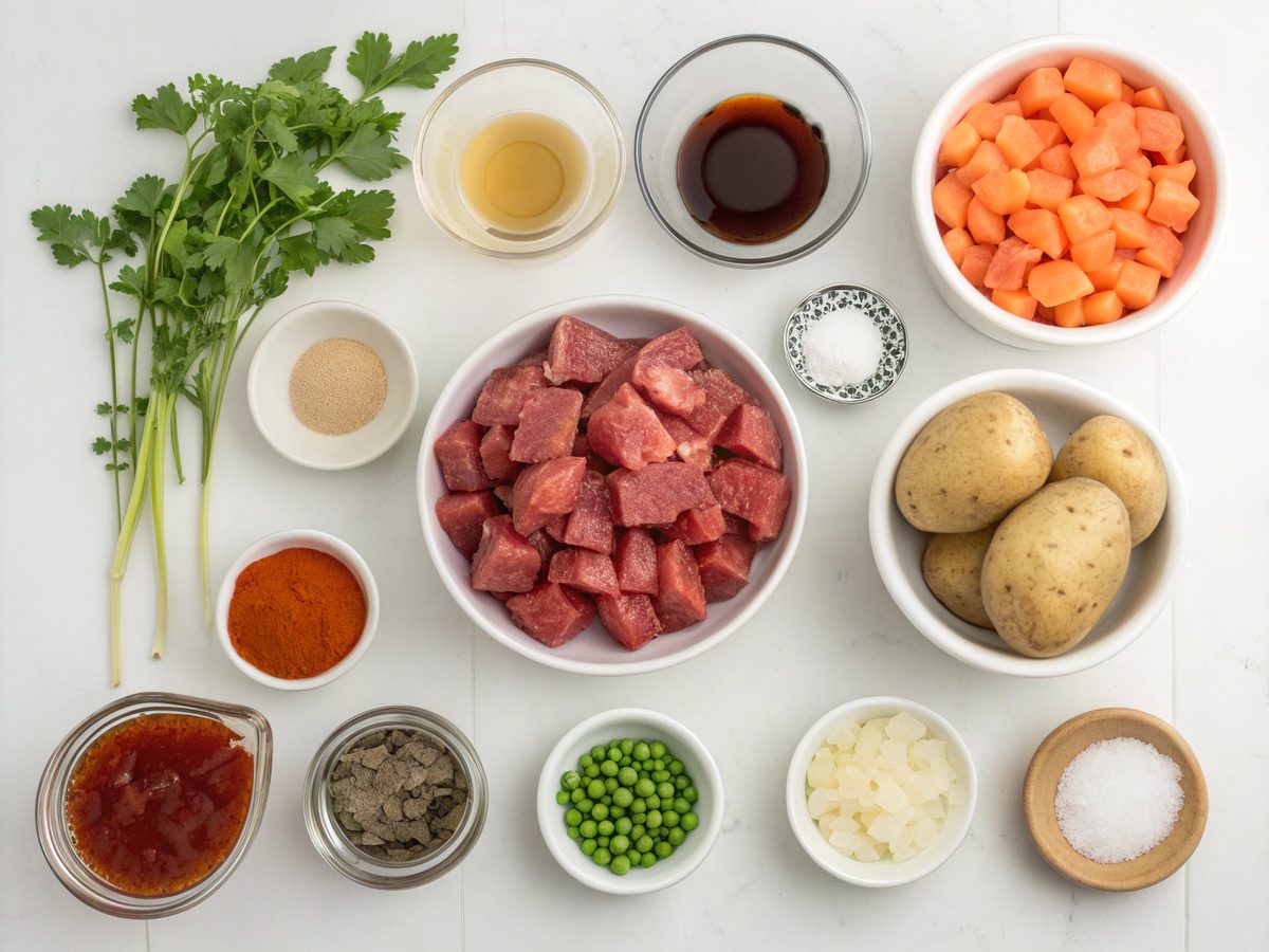 A display of ingredients necessary for making Guinness beef stew.