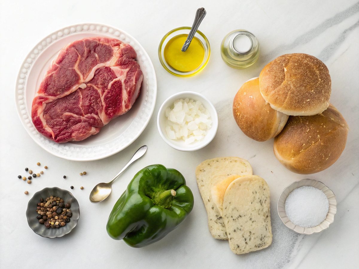 Key ingredients for making homemade cheesesteak including steak, onions, and cheese.