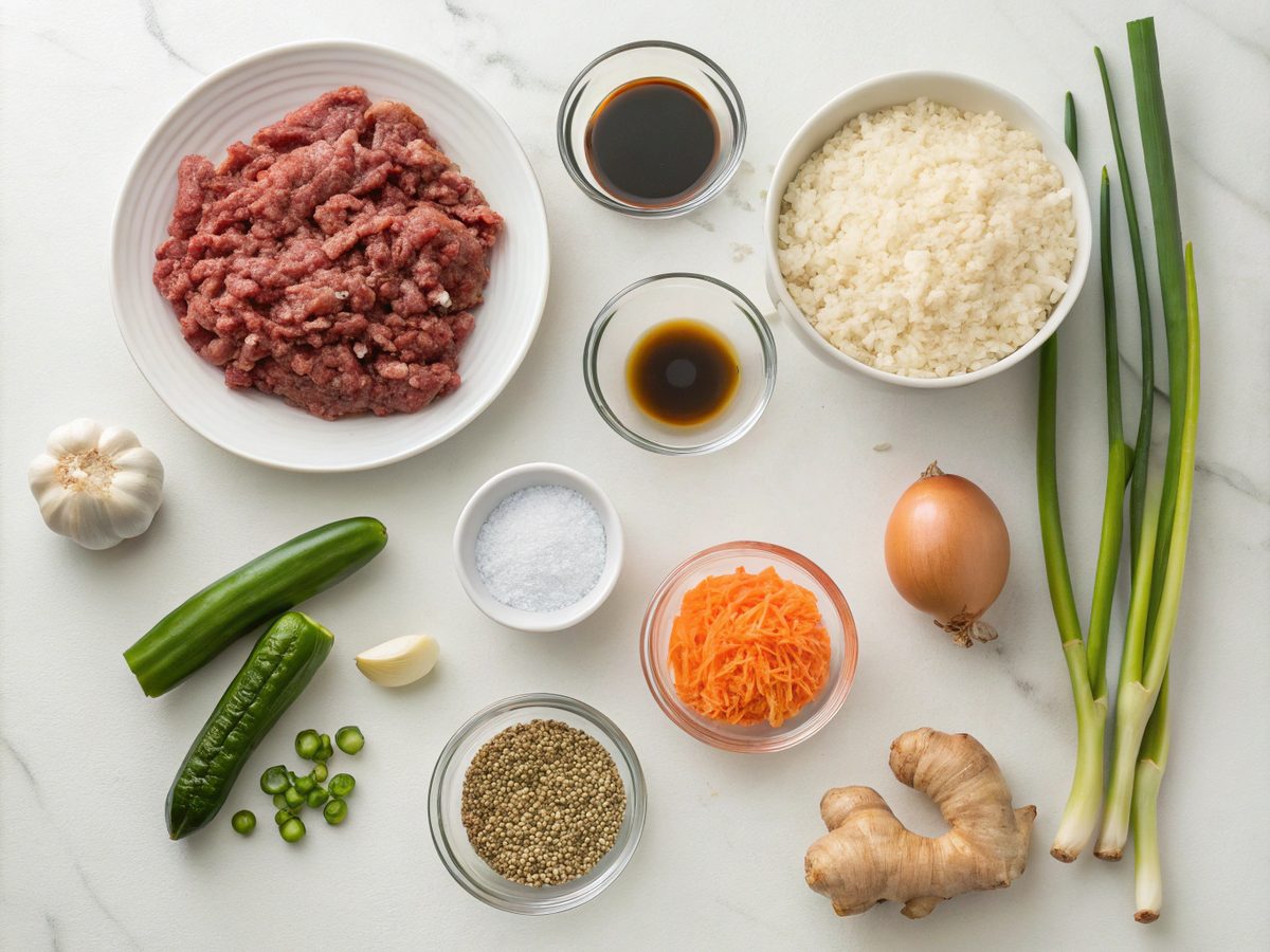 Flat lay of ingredients for Korean beef rice bowl recipe including ground beef, rice, vegetables.