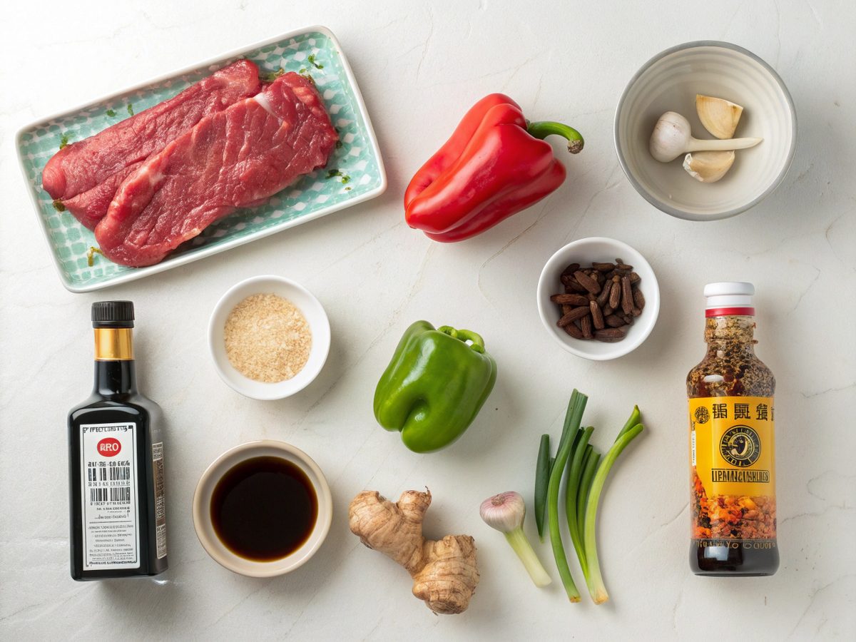 A flat lay of essential ingredients for making pepper steak recipe