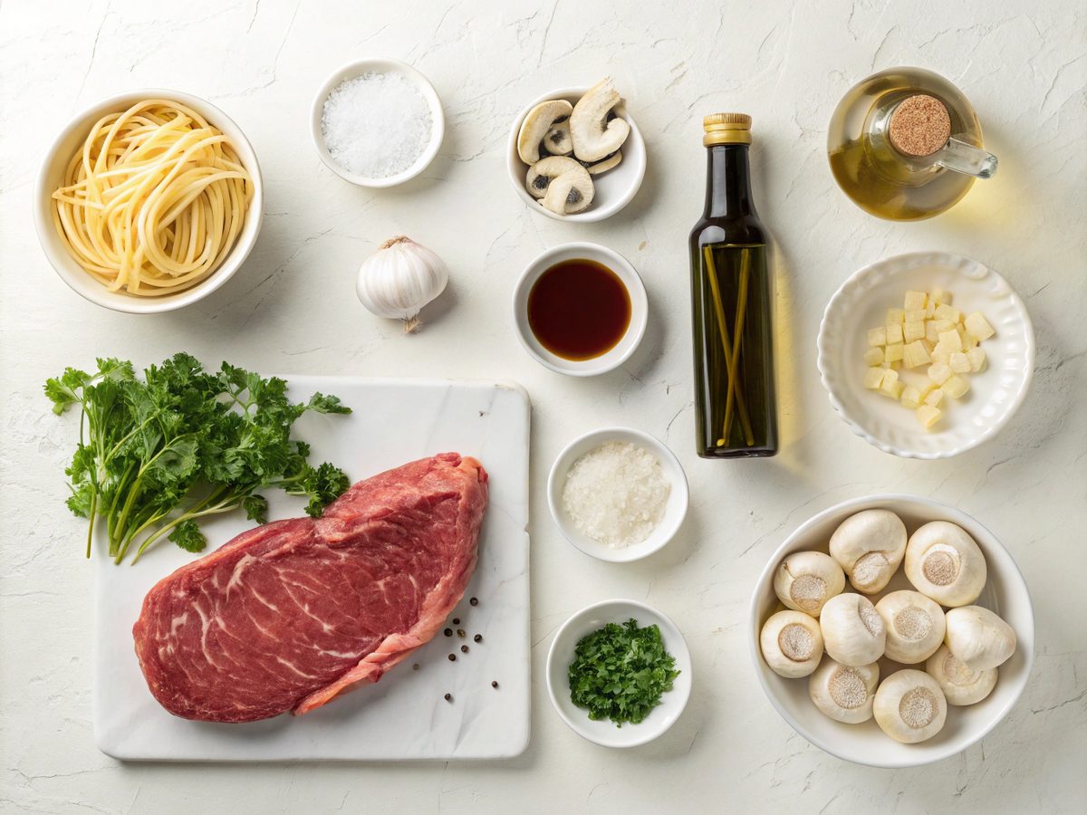 Ingredients laid out for preparing stovetop beef stroganoff