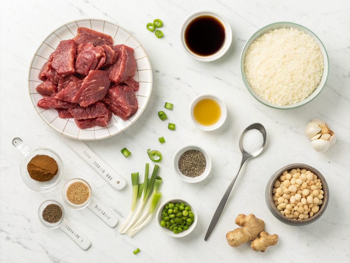 A top-down view of ingredients needed for beef bulgogi bowls