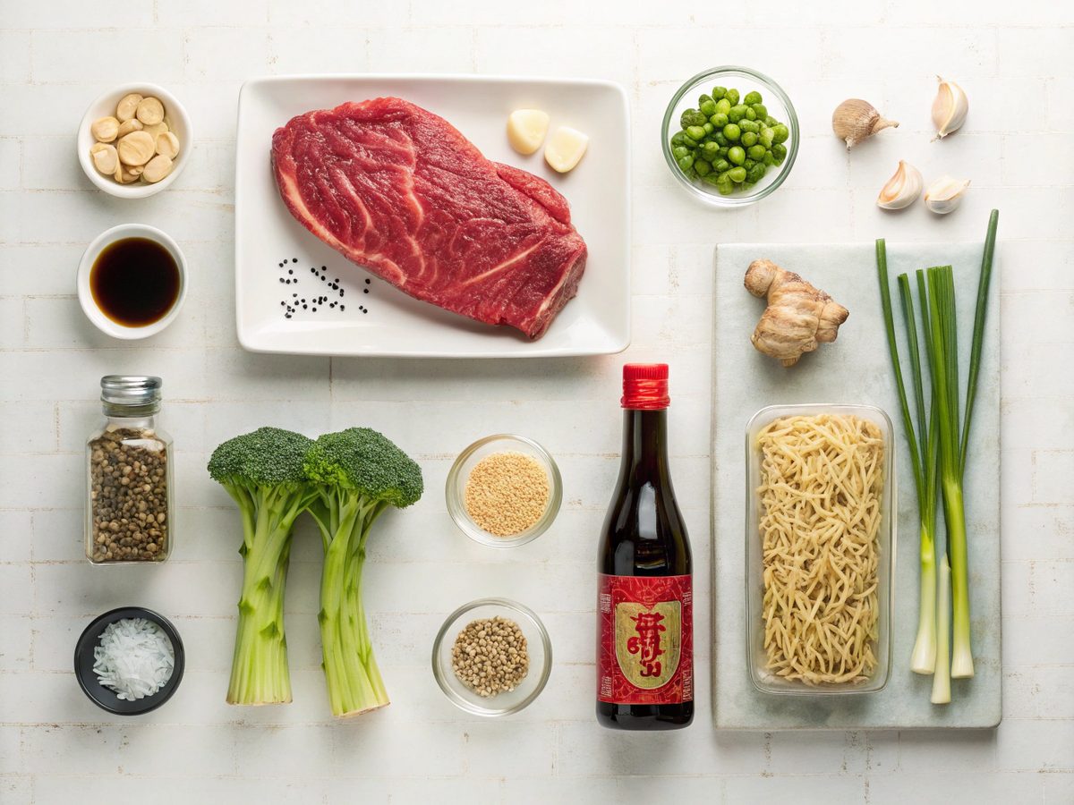 Ingredients for Beef Ramen Stir Fry laid out on a kitchen counter.