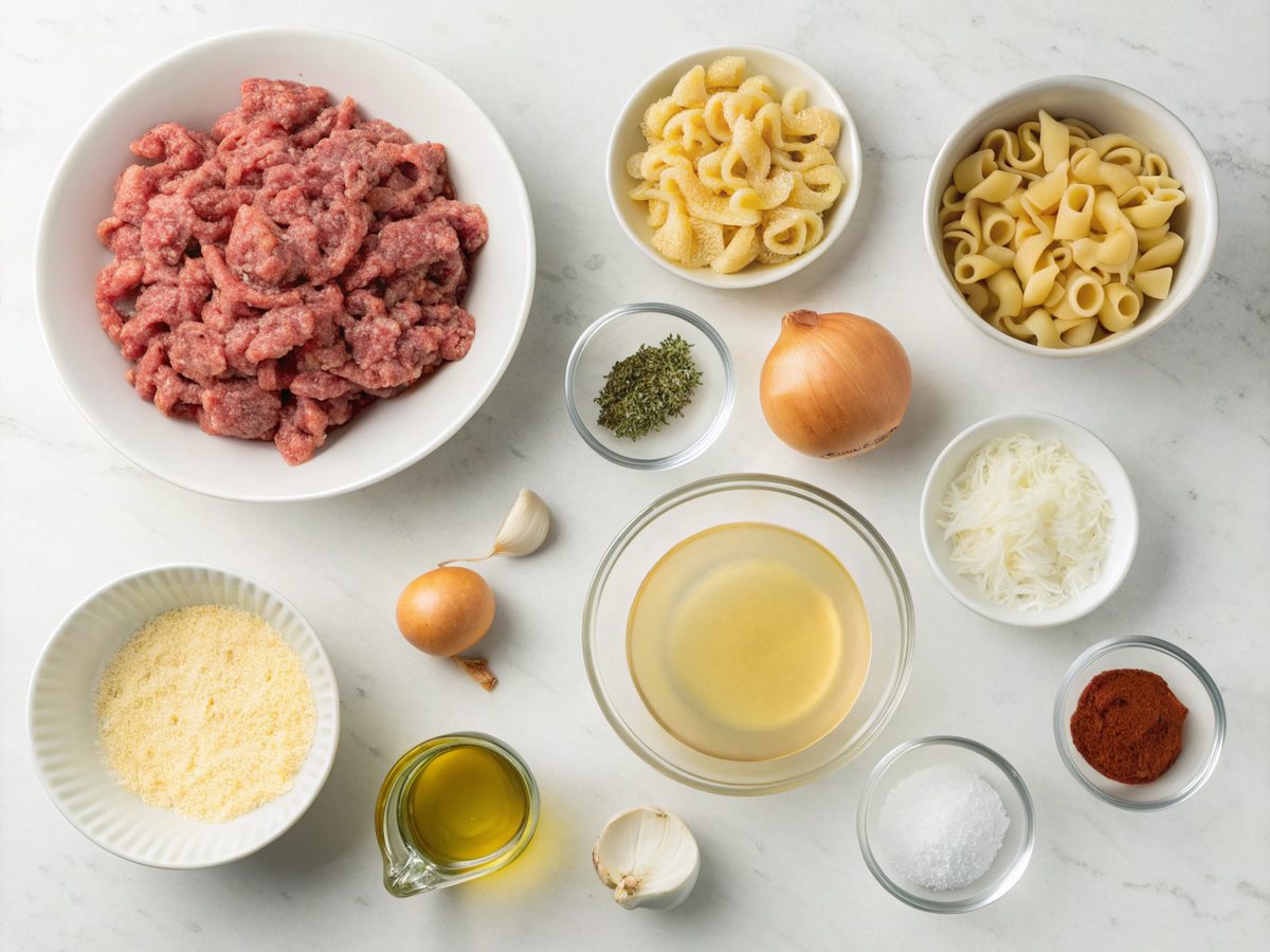 An SEO-friendly alt tag describing the image of Creamy Beef Shells Pasta ingredients