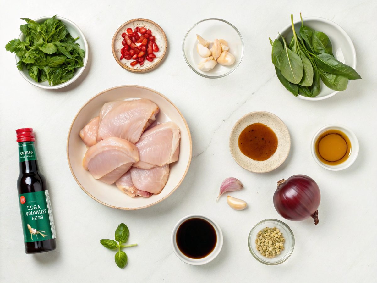 Ingredients for an authentic Thai basil chicken recipe, including Thai basil, chicken, and chilies.