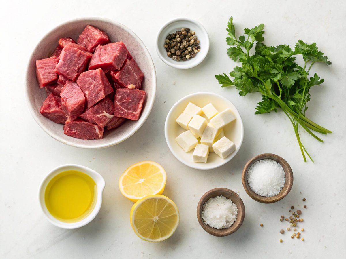 Flat lay display of garlic butter beef bites ingredients, including beef, garlic, and butter.