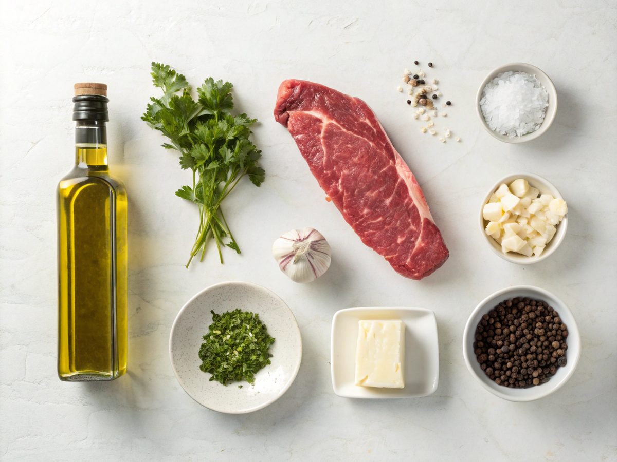 Flat lay image of garlic butter beef bites ingredients on a kitchen counter