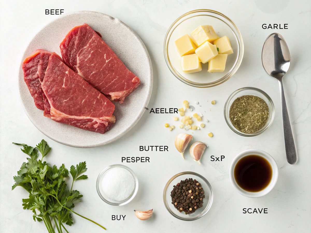 Ingredients for making garlic butter beef bites on a kitchen counter.