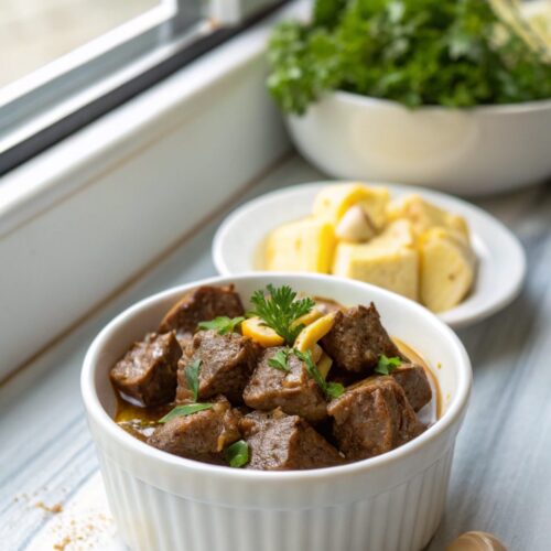 Tender garlic butter beef bites served elegantly.