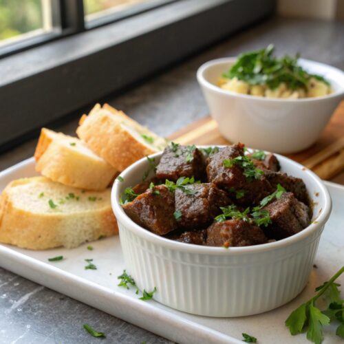 A plate of delicious garlic butter beef bites served hot
