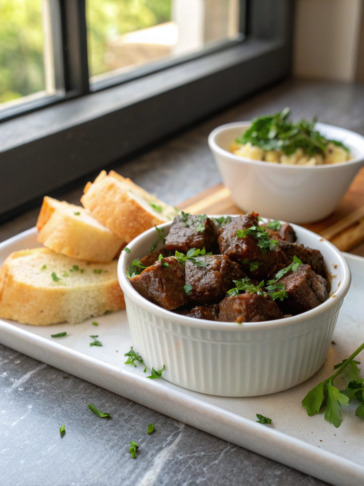 A plate of delicious garlic butter beef bites served hot