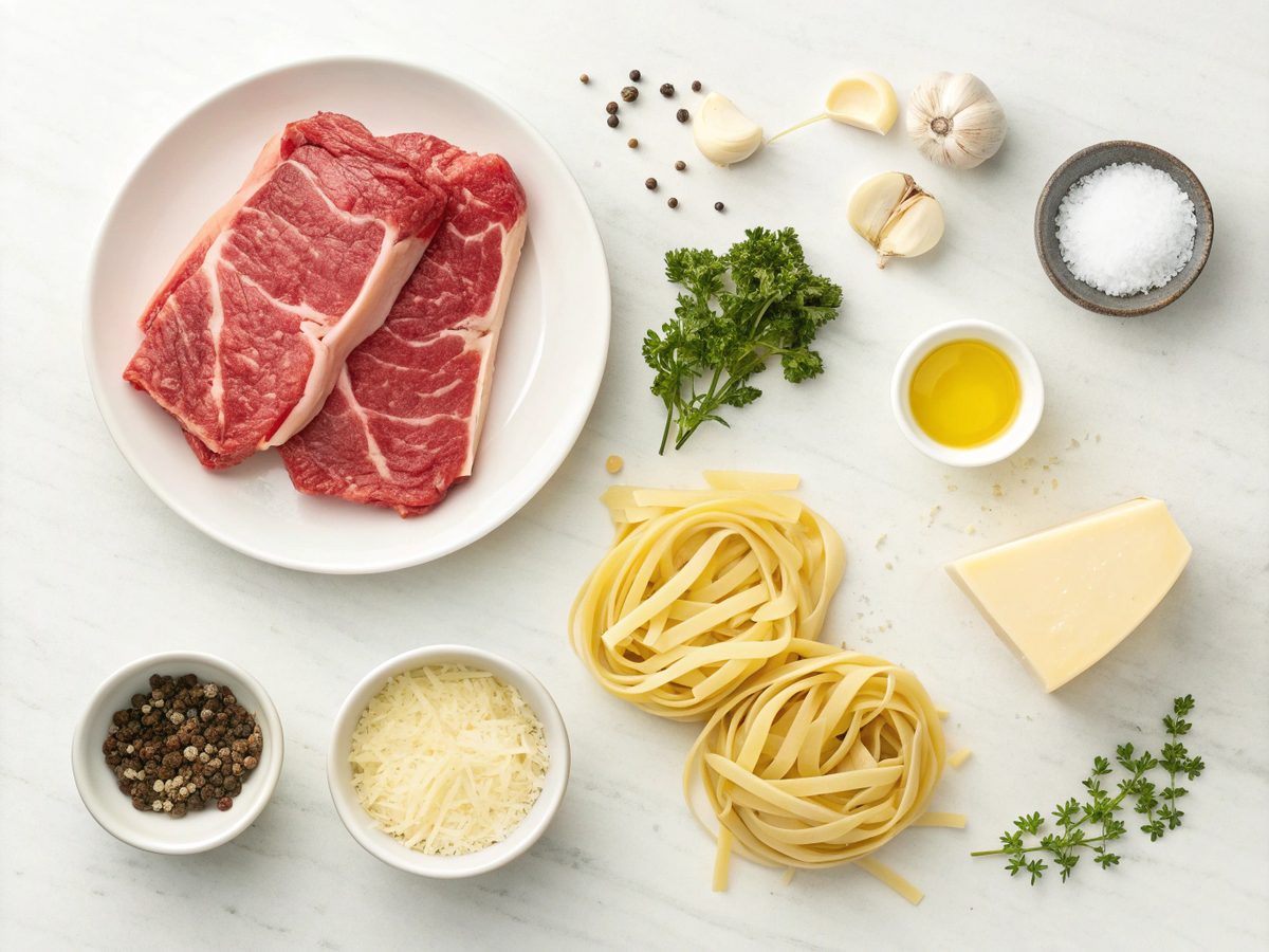 A flat lay image displaying the ingredients for Garlic Butter Steak Pasta.