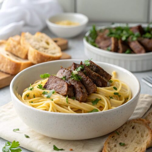 A close-up image of freshly prepared Garlic Butter Steak Pasta.