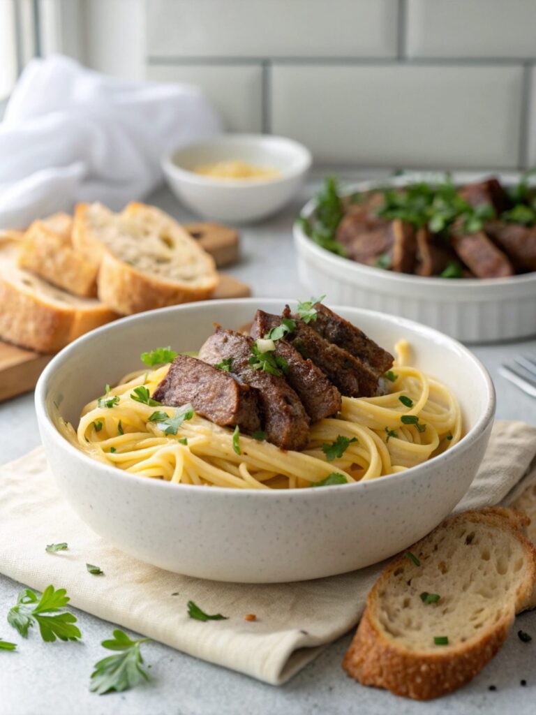 A close-up image of freshly prepared Garlic Butter Steak Pasta.