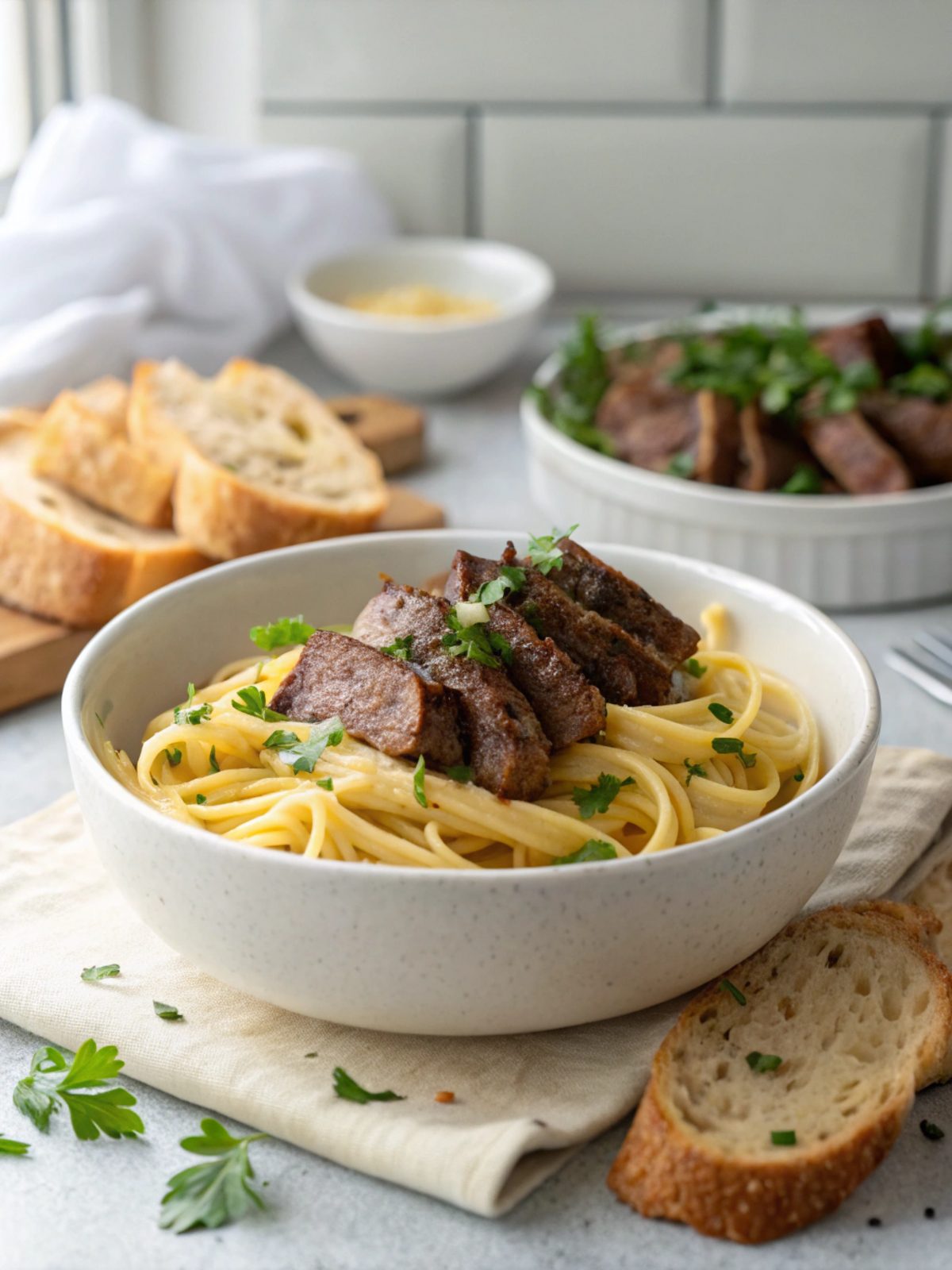 A close-up image of freshly prepared Garlic Butter Steak Pasta.
