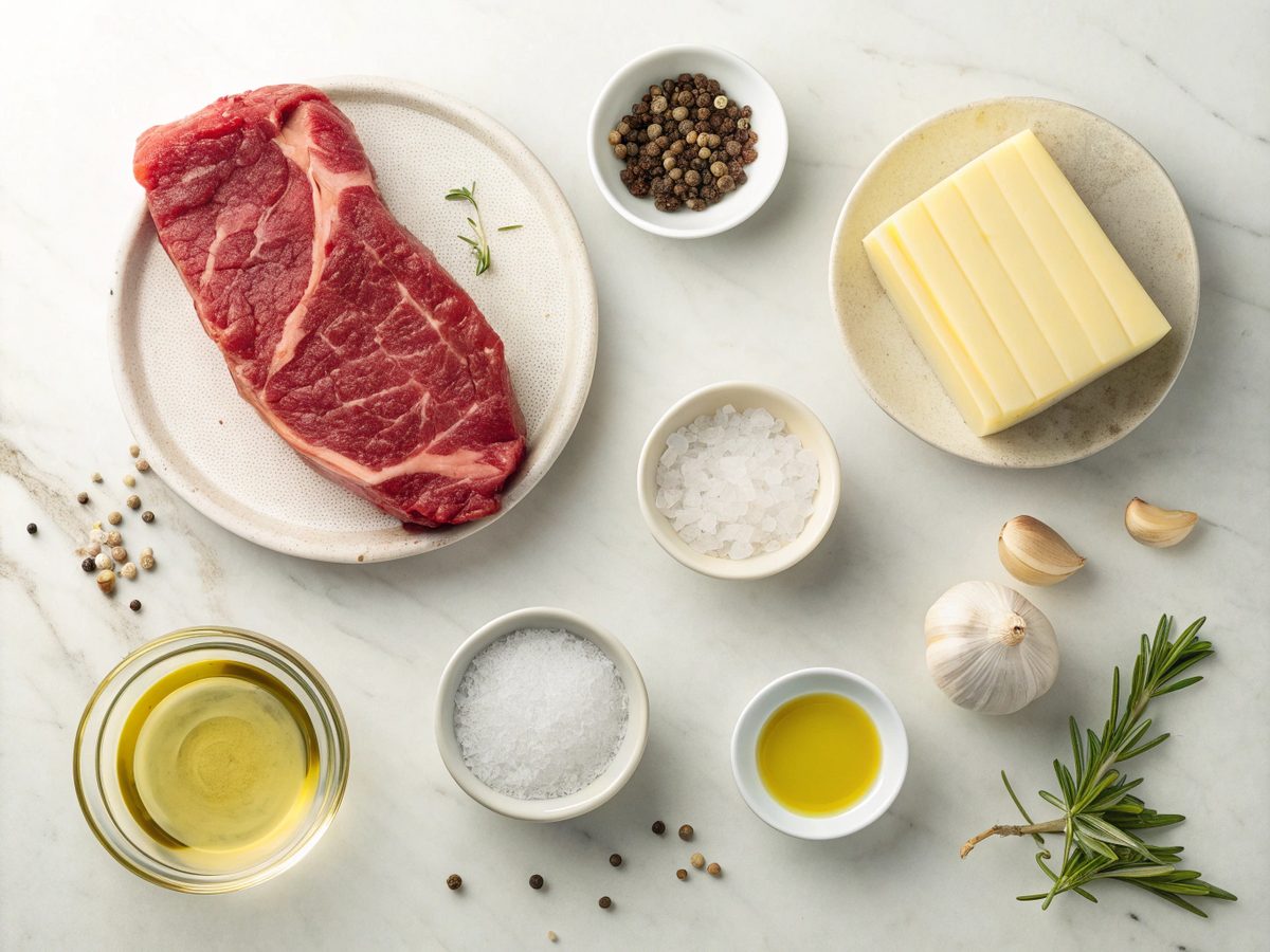 A display of ingredients for creating a garlic butter steak skillet.