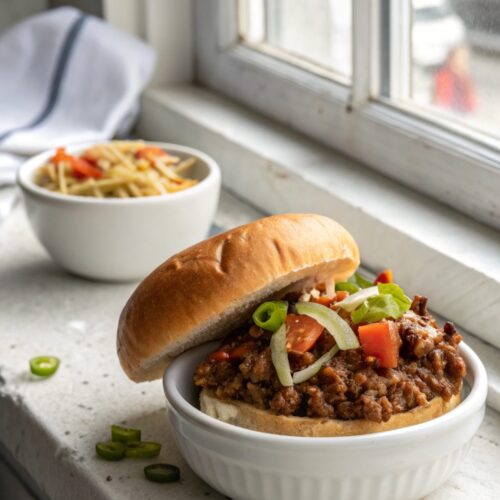 Featured image of Ground Beef Cheesesteak Sloppy Joes served on a plate.