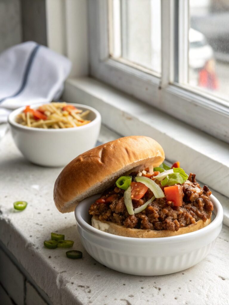 Featured image of Ground Beef Cheesesteak Sloppy Joes served on a plate.