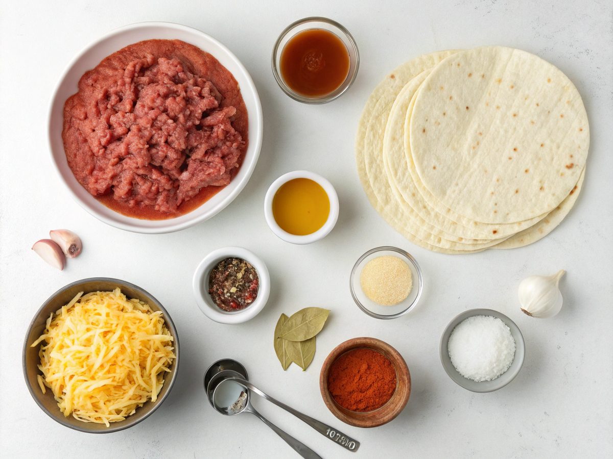 An SEO-friendly alt tag describing the image of ground beef enchiladas recipe ingredients