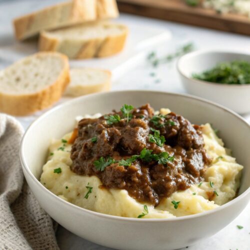Image of perfectly served ground beef gravy over creamy mashed potatoes.