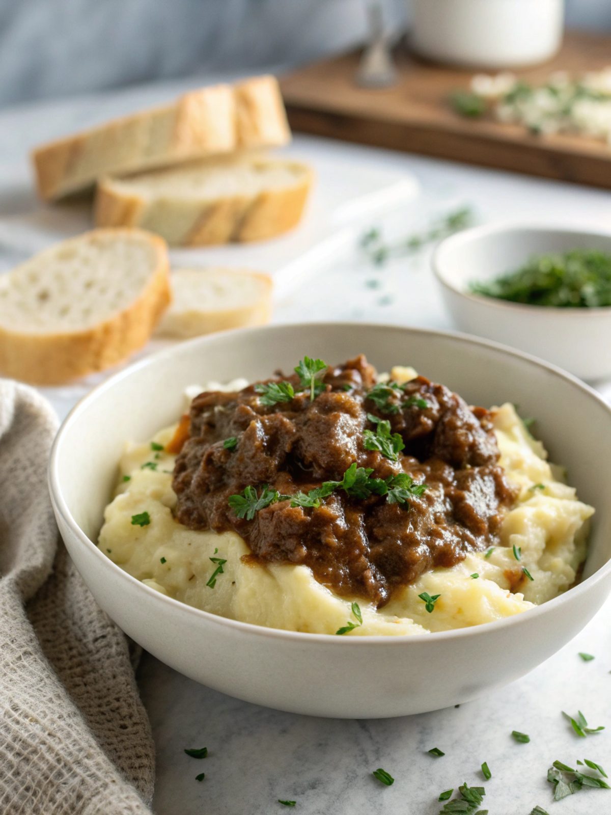 Image of perfectly served ground beef gravy over creamy mashed potatoes.