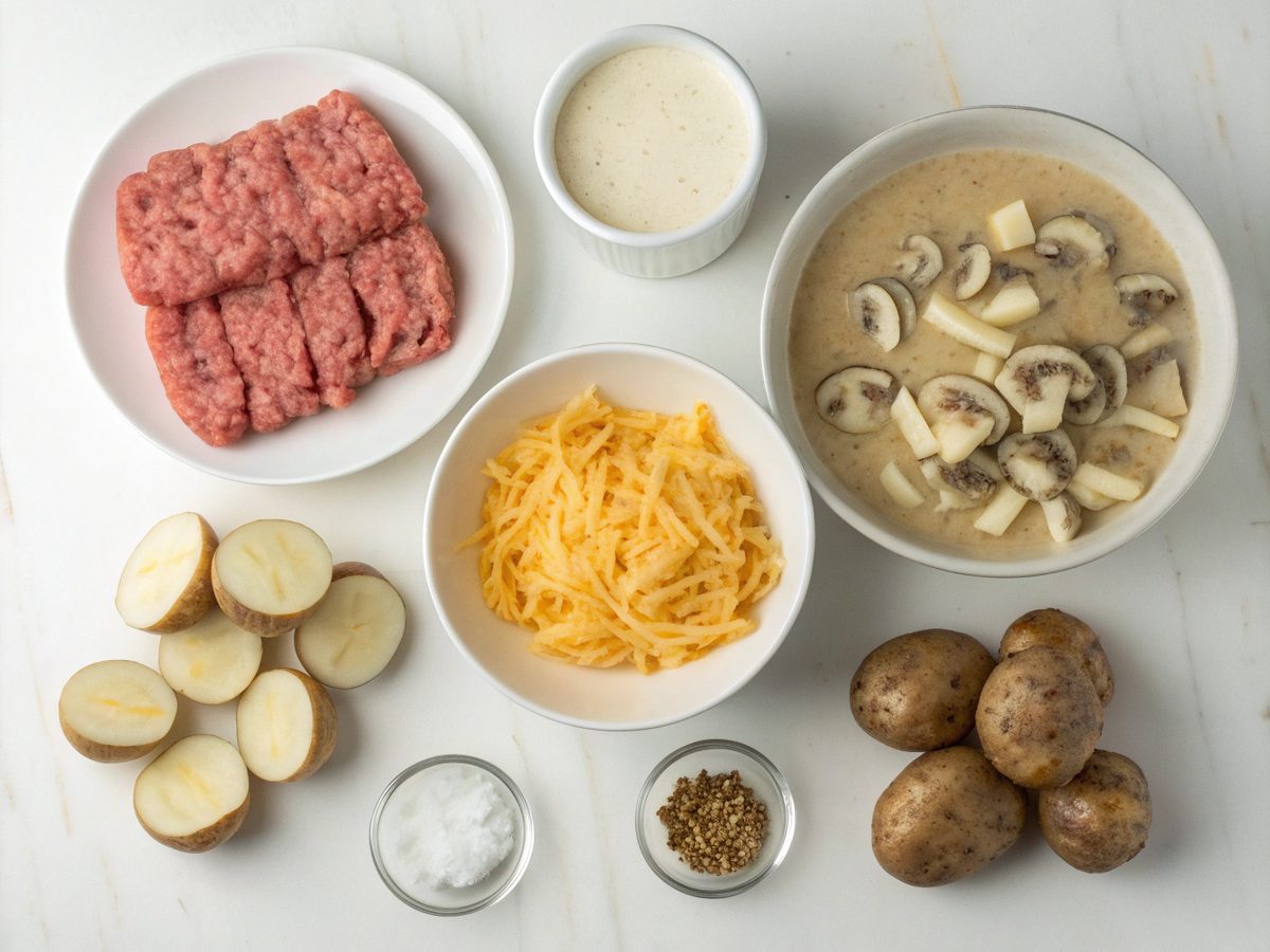 Ingredients for making Ground Beef Hobo Casserole, including beef, potatoes, and cheese.