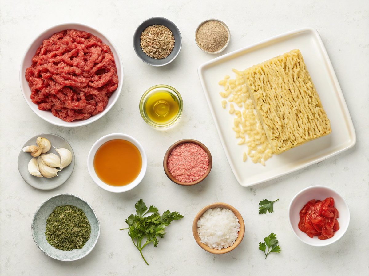 A flat lay image of ingredients for the ground beef orzo recipe, showcasing vibrant and fresh components.