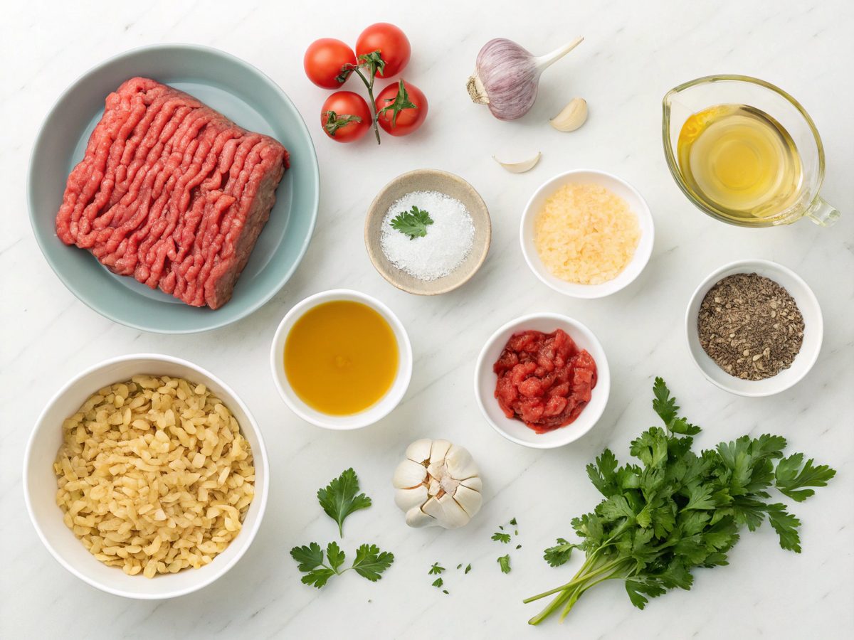 Ground Beef Orzo Recipe Ingredients laid out on a counter