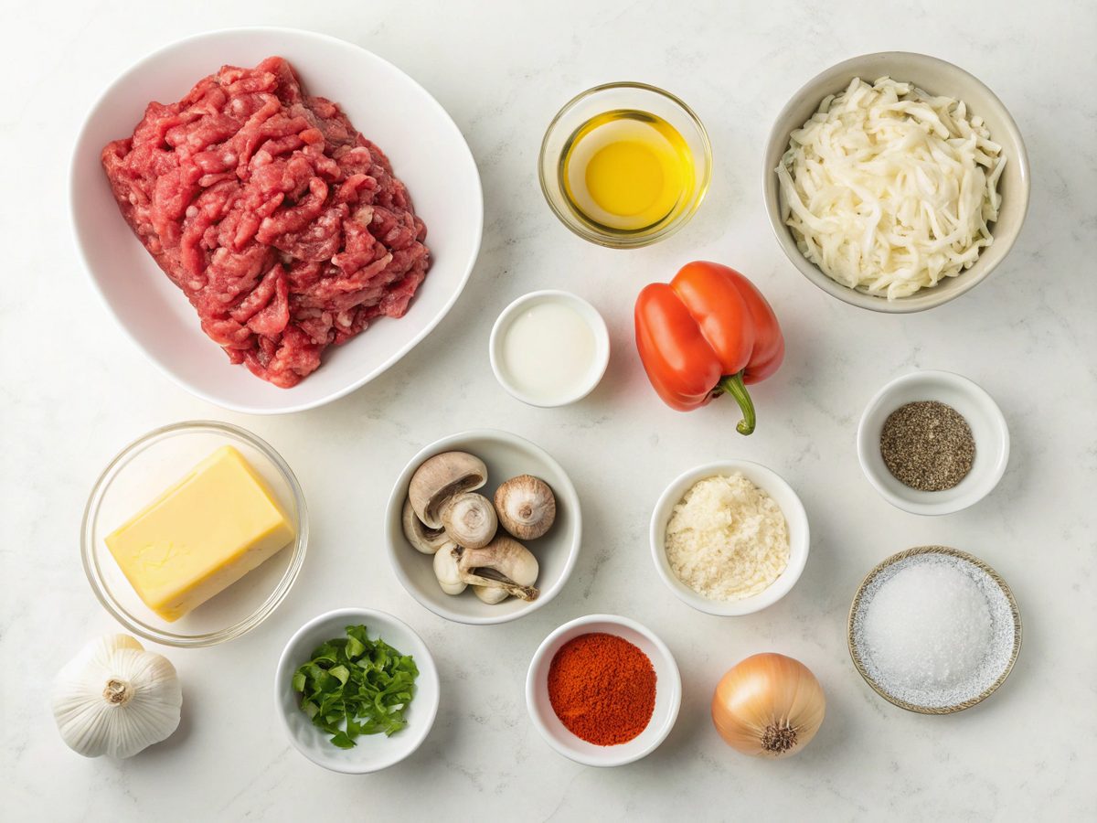 Ingredients for Ground Beef Philly Cheesesteak with steak, cheese, and vegetables