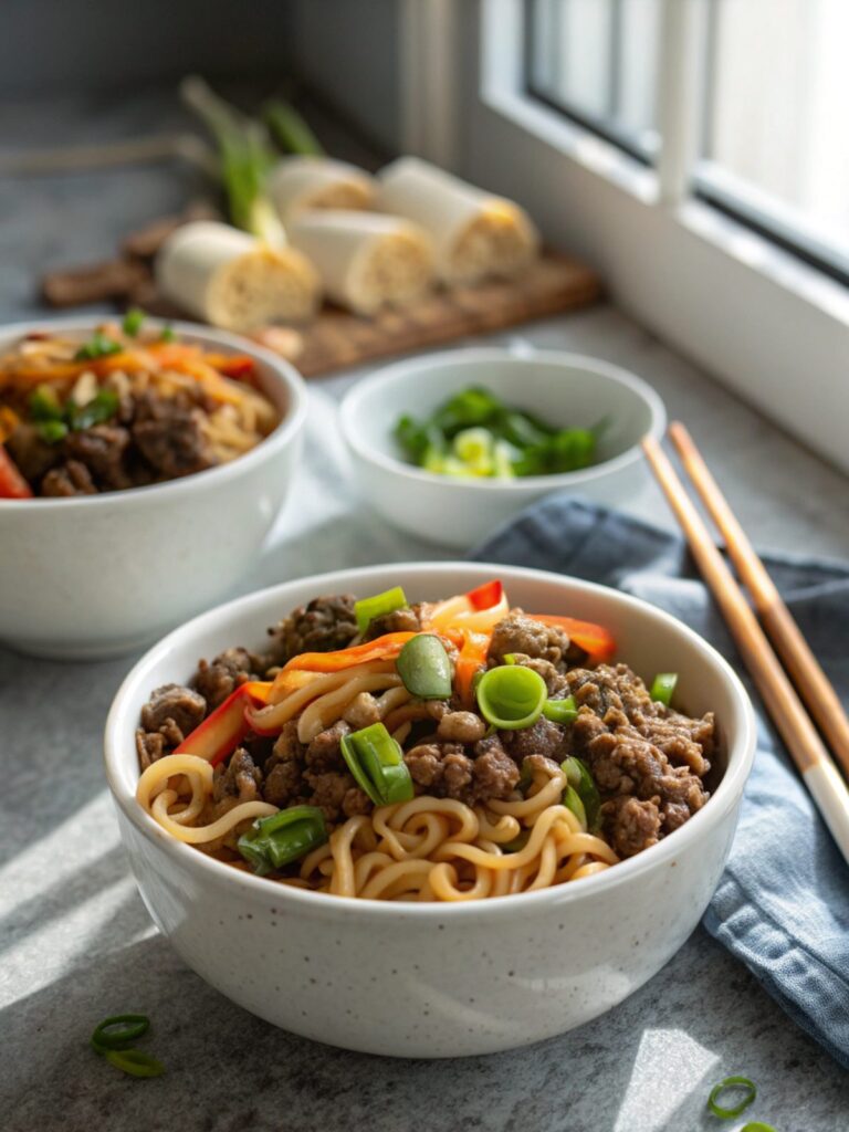 A delicious close-up of ground beef ramen stir fry, garnished to perfection