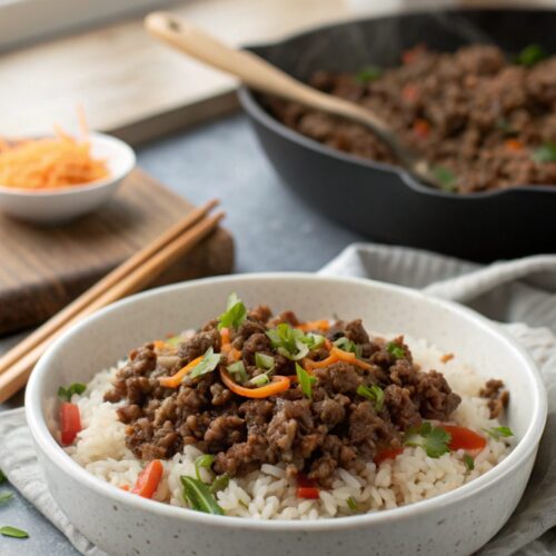Hero image of a mouth-watering Ground Beef Rice Skillet, perfect for family dinners.