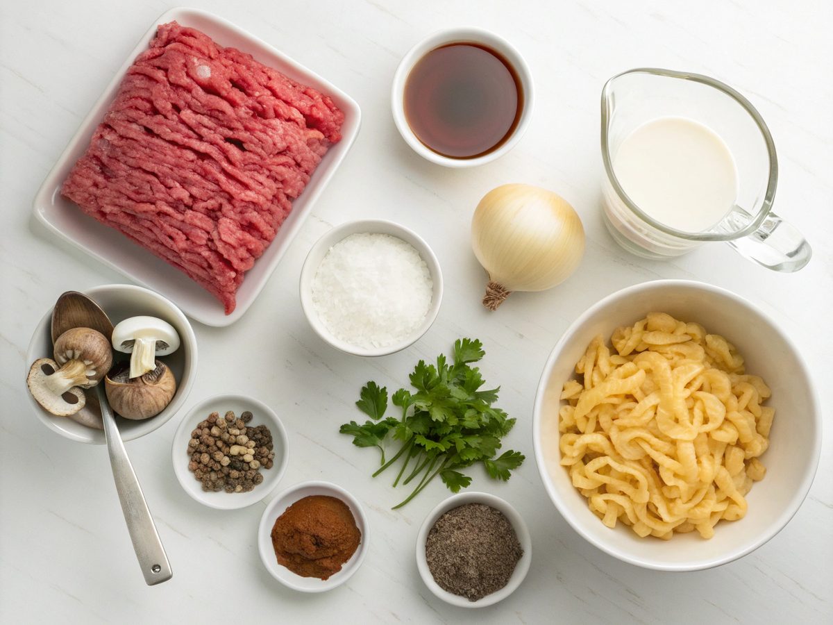 Ingredients for Ground Beef Stroganoff recipe arranged on a kitchen counter.