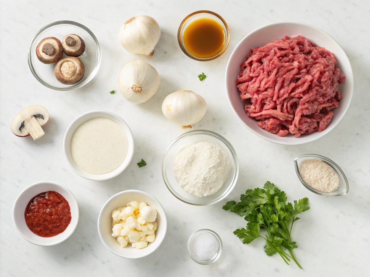 Ingredients for ground beef stroganoff recipe, laid out neatly.