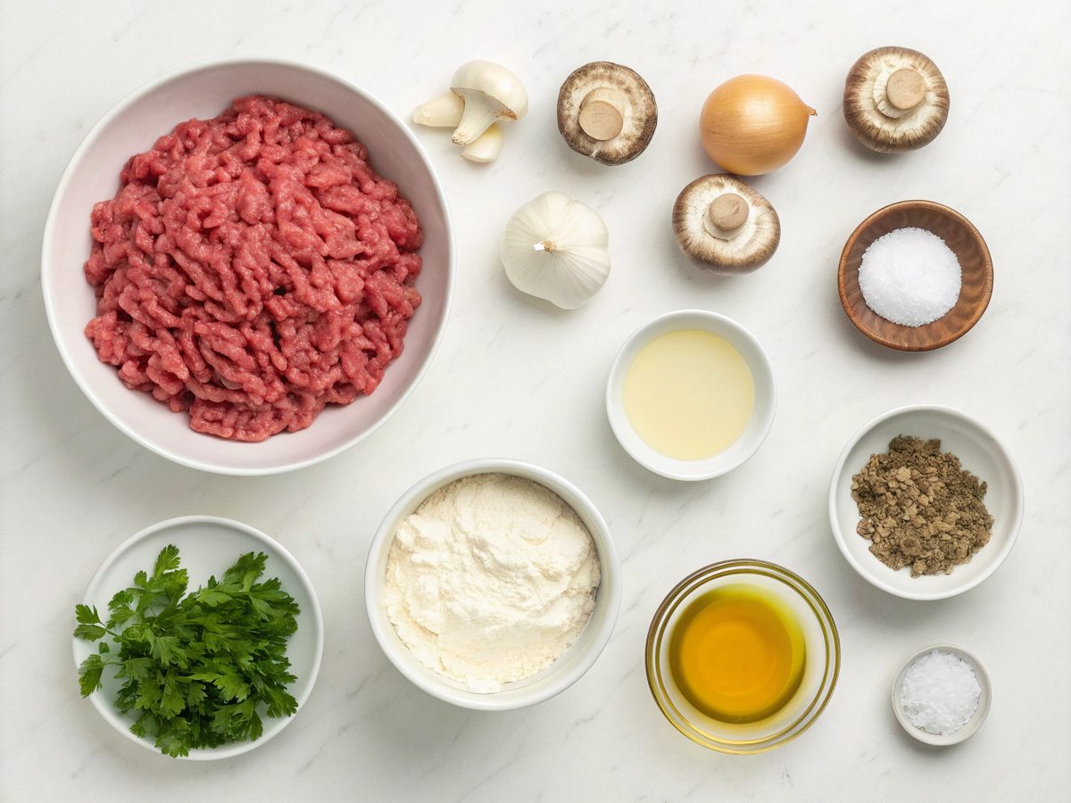 Flat lay of ingredients for Ground Beef Stroganoff