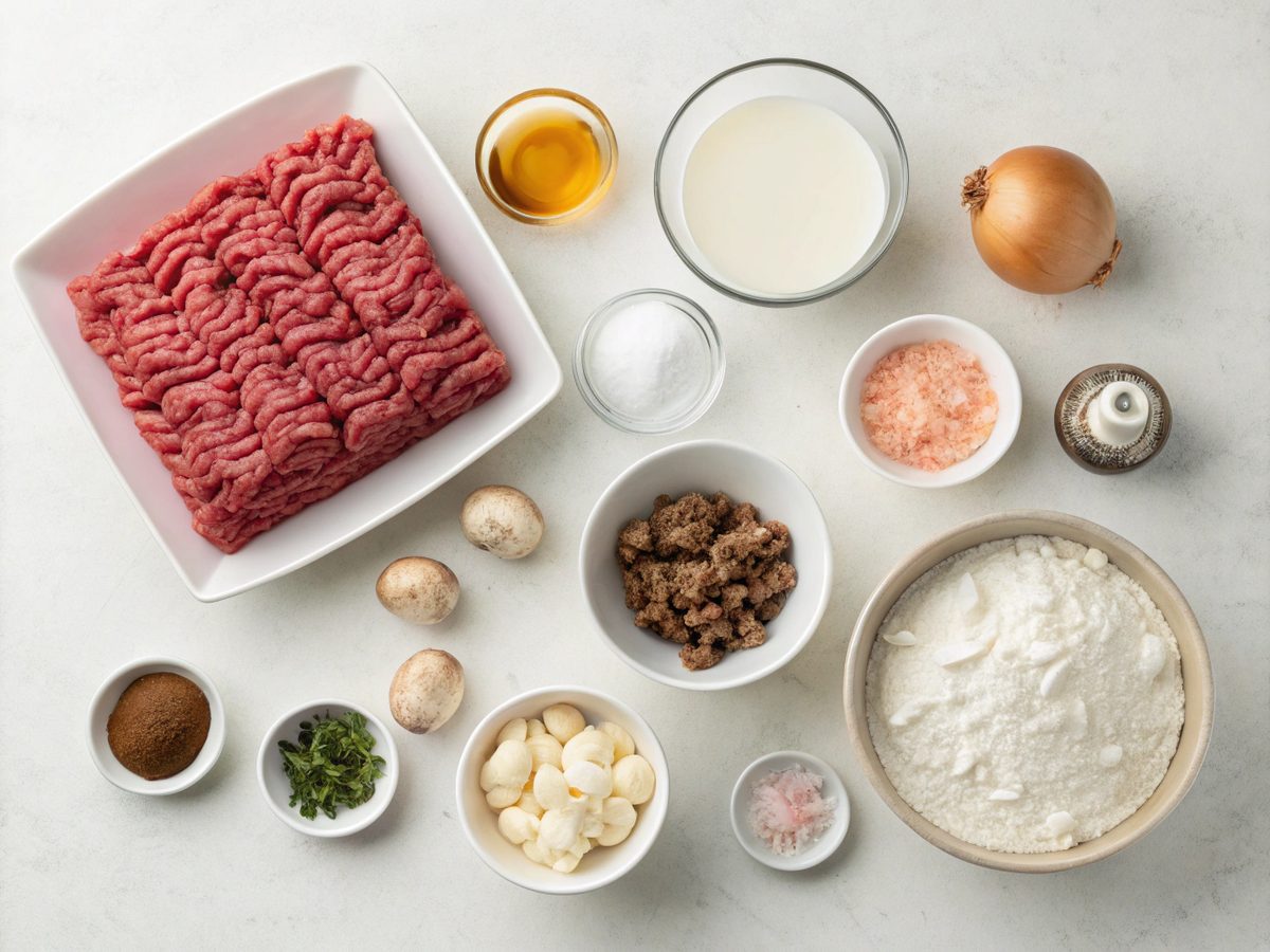 An attractive display of ingredients for Ground Beef Stroganoff