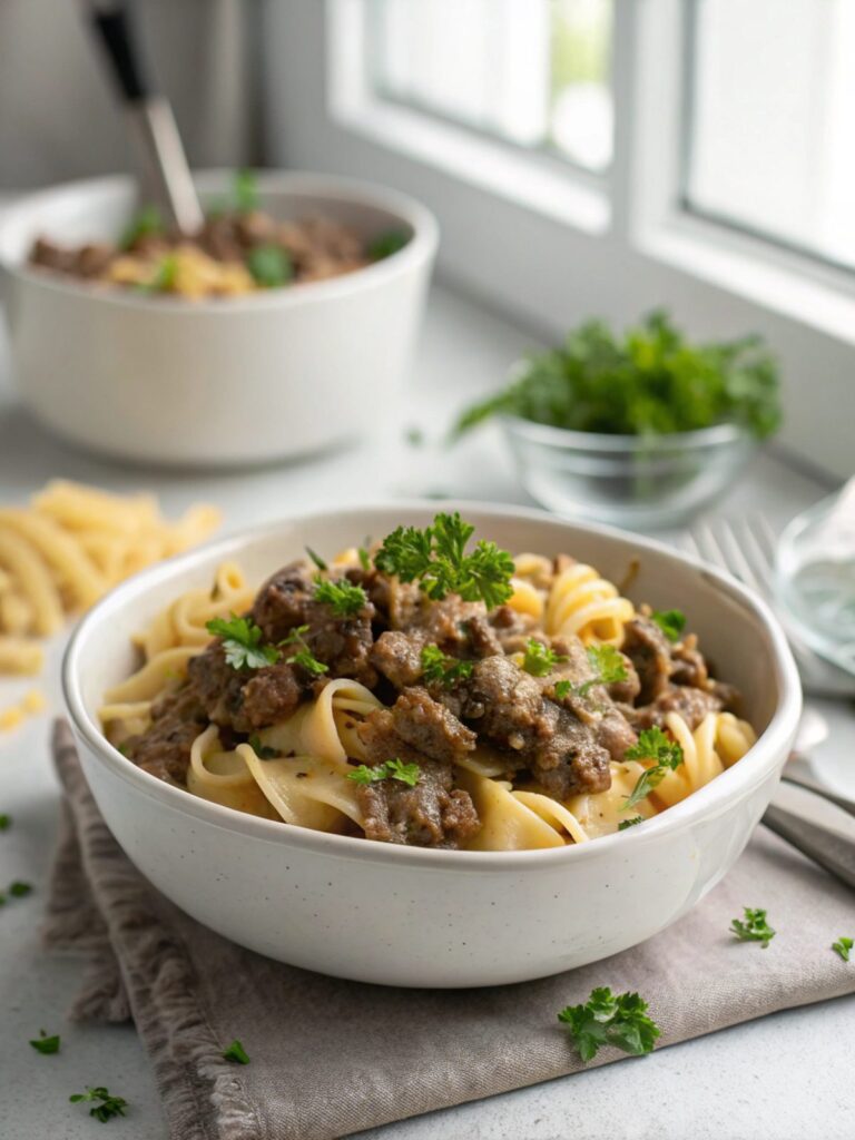 Ground Beef Stroganoff Recipe in a creamy sauce