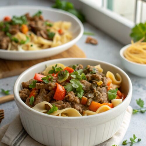 Close-up image of a bowl of Ground Beef Stroganoff