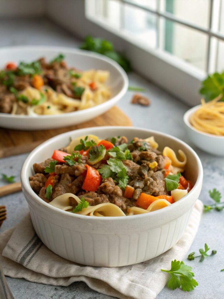 Close-up image of a bowl of Ground Beef Stroganoff