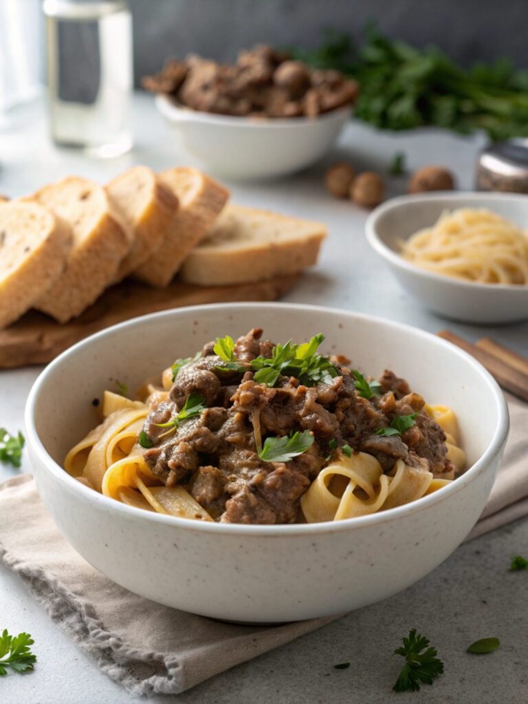 A savory dish of ground beef stroganoff served with fresh herbs