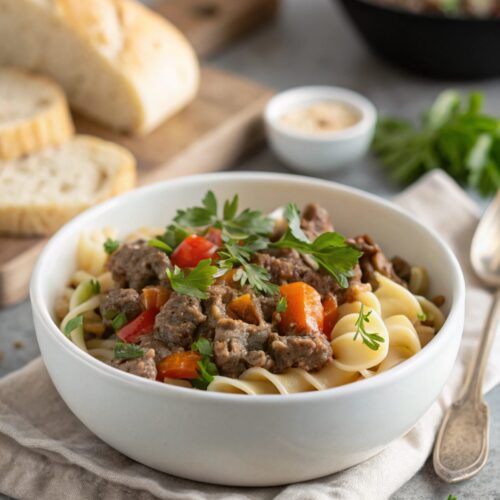 Warm and delicious ground beef stroganoff served on a plate
